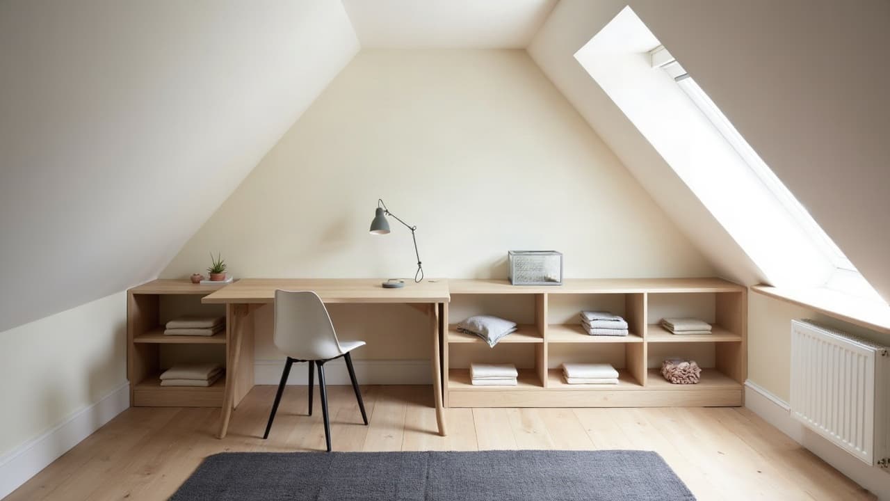 Coin bureau sous les pentes de combles aménagés, rangements bas encastrés le long du muret