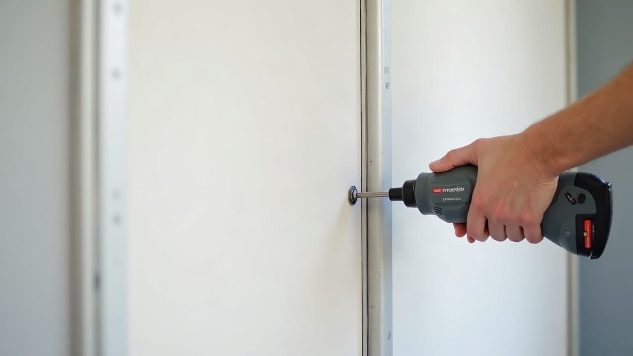 Vissage d'une plaque de plâtre sur le montant métallique d'une cloison en cours de pose