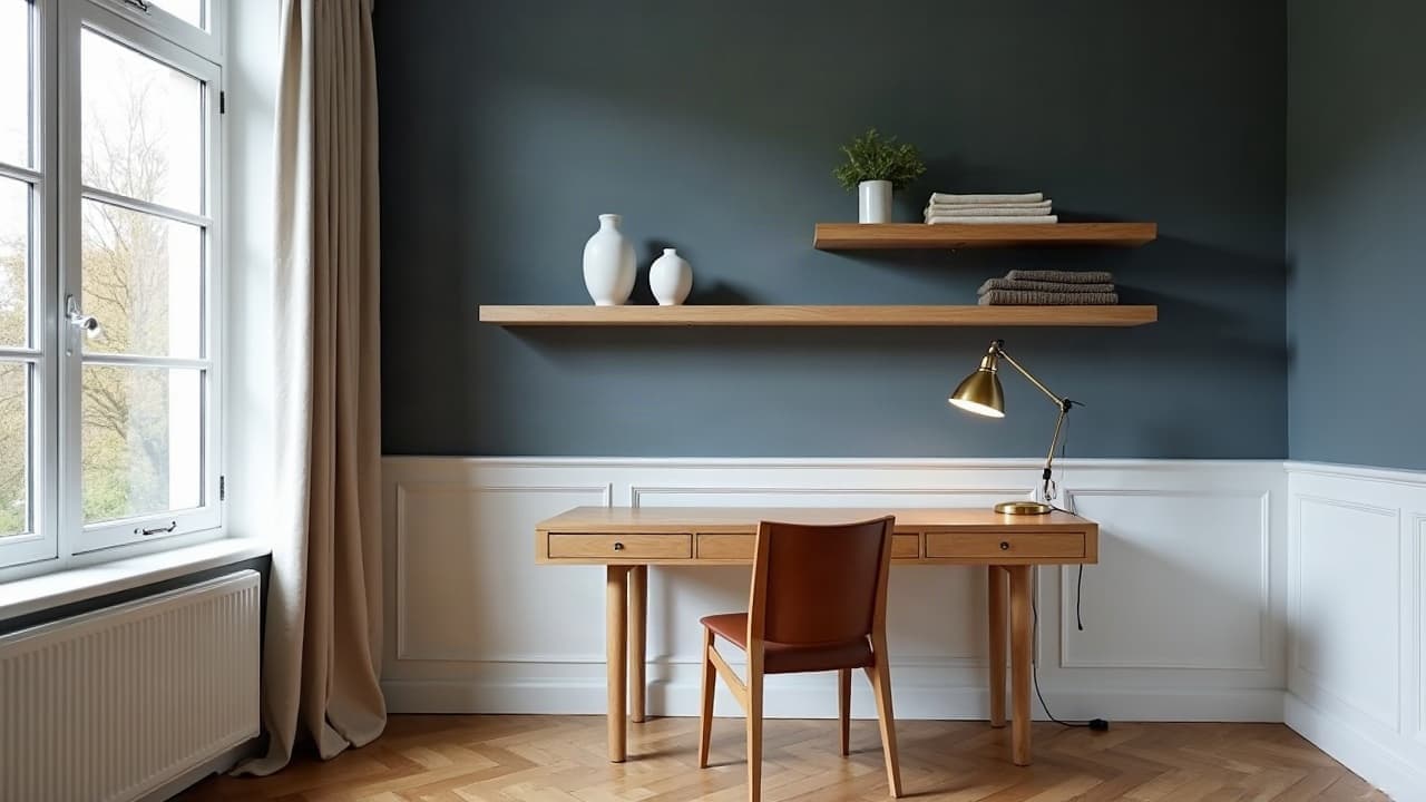 Coin bureau installé contre un mur intérieur doublé et peint en bleu gris, sur parquet à bâtons rompus