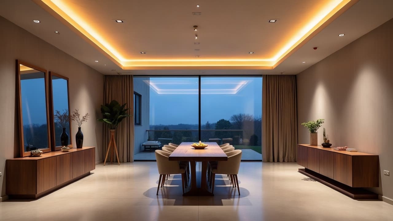 Salle à manger éclairée le soir par la corniche lumineuse d'un faux plafond suspendu