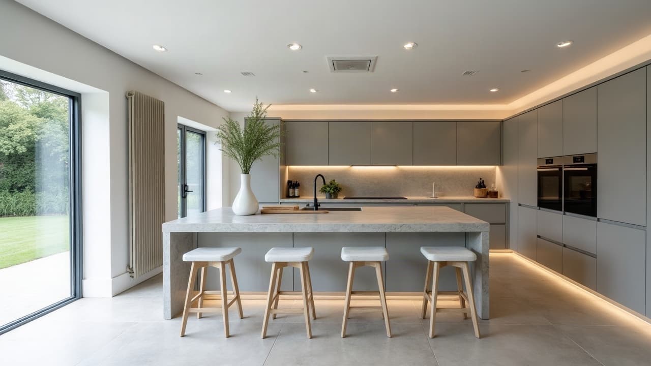Faux plafond suspendu à spots encastrés dans une cuisine ouverte