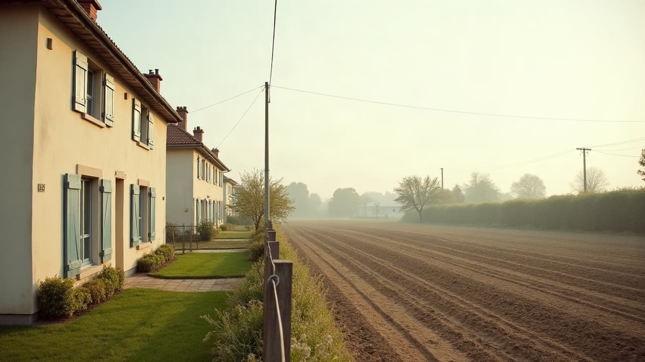 Maisons pavillonnaires des années 1970 en lisière d'un champ labouré à Châtenoy-le-Royal