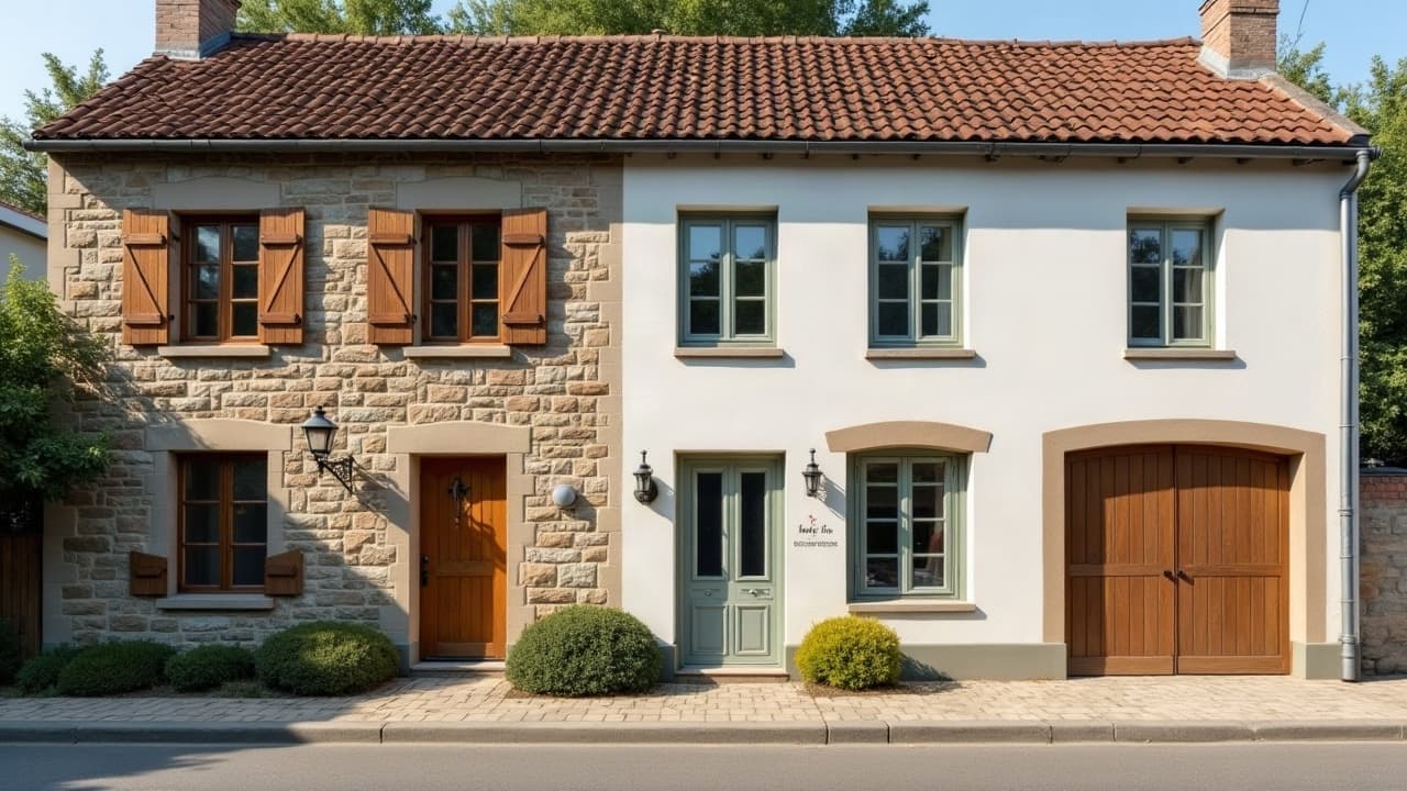 Rue de village mêlant une maison ancienne en pierre et une construction récente à Crêches-sur-Saône