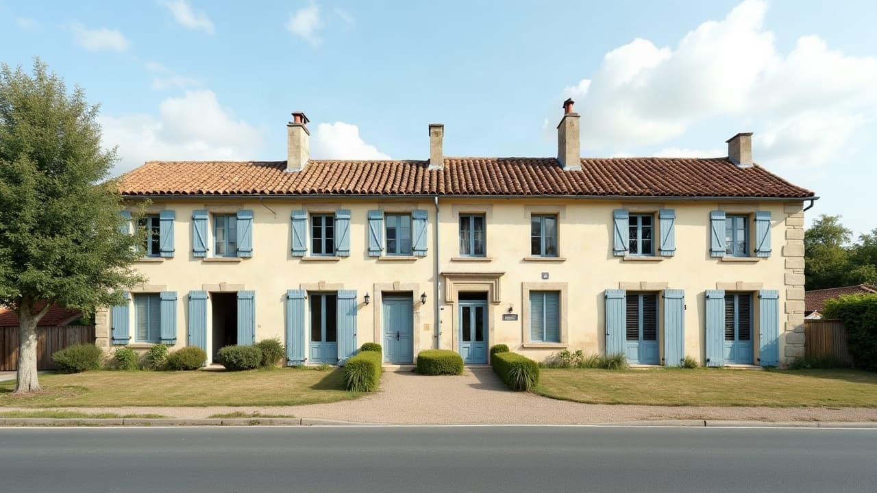 Maisons du village viticole de Fontaines en bordure de route, façades enduites et toits de tuiles