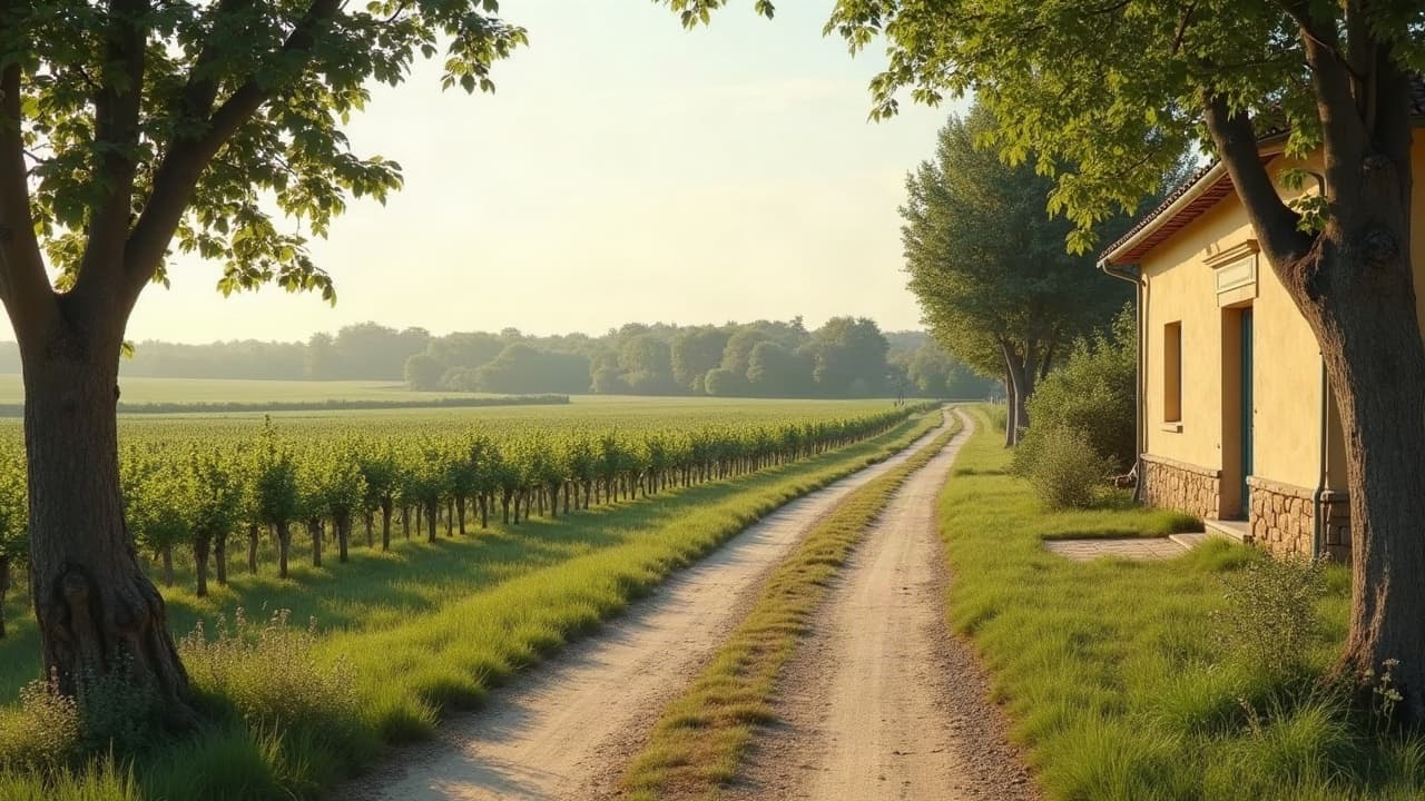 Plaine agricole verte et toits du village viticole de Fontaines au loin