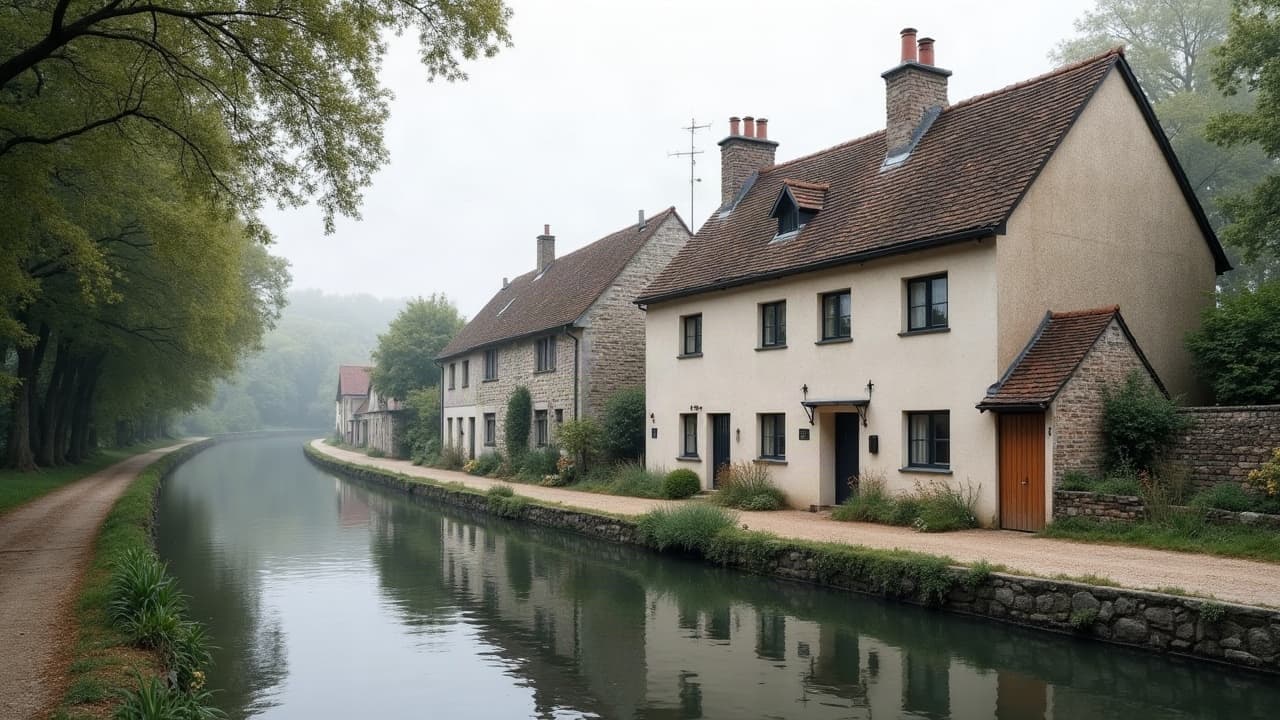 Bord de Saône et maisons de village à Gergy sous un ciel voilé