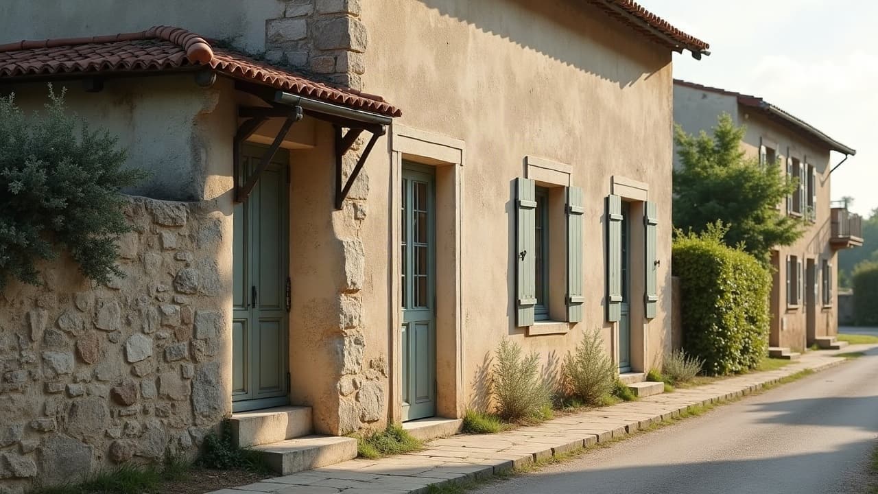 Angle d'un bâtiment en pierre du bourg viticole de Givry, en lisière de champ
