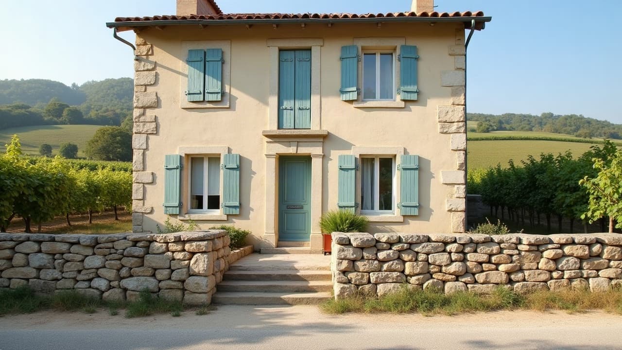 Ferme en pierre et mur de vigne sur le plateau de Hurigny