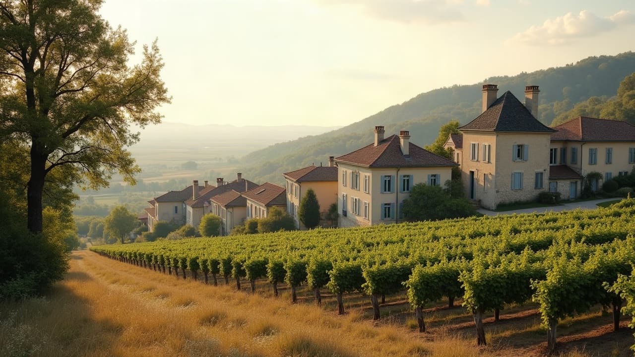 Rangs de vigne en pente douce et hameau du plateau de Hurigny au-dessus de la vallée de la Saône