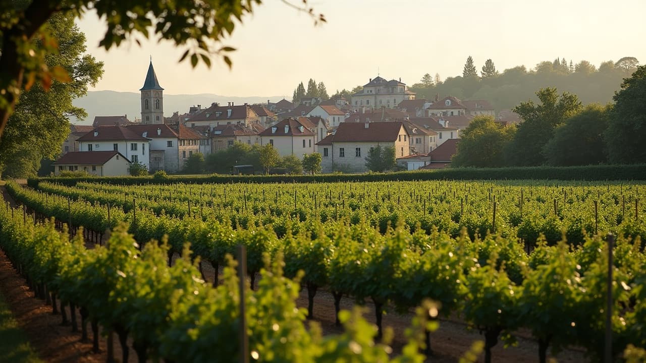 Vigne en bordure du village de La Roche-Vineuse, toits groupés au loin