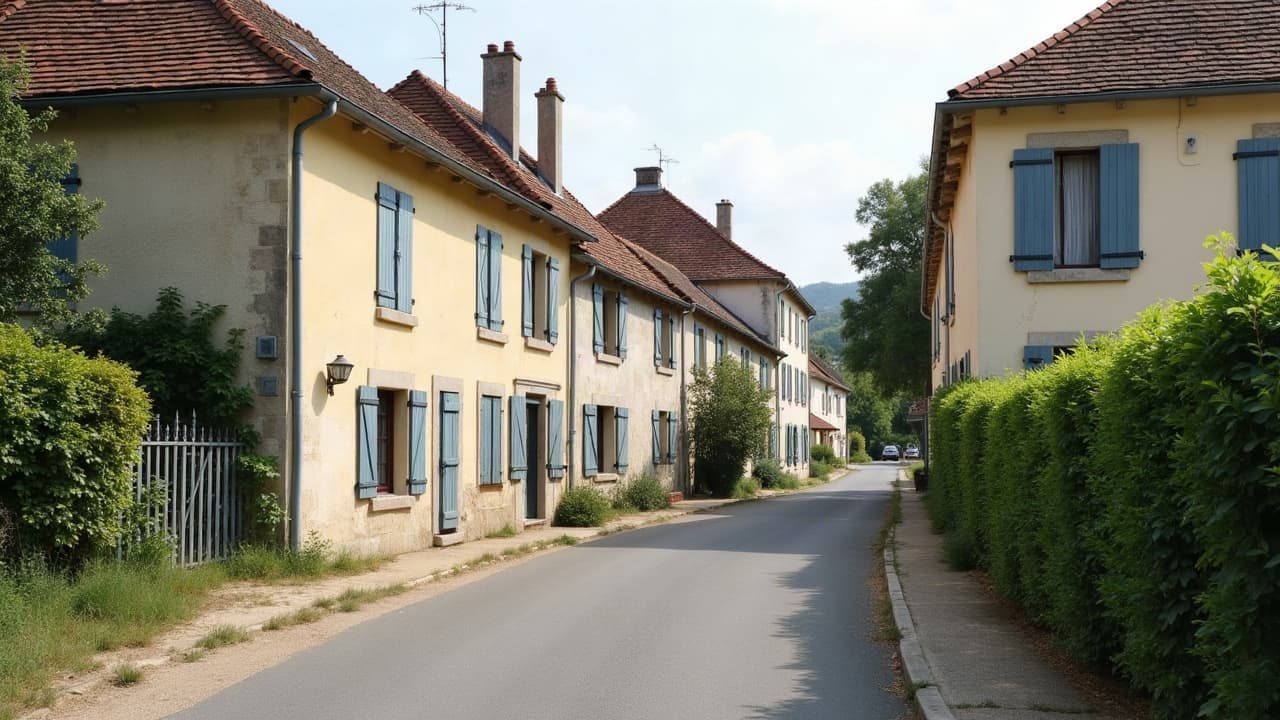 Rue du village viticole de La Roche-Vineuse, maisons de pierre et volets gris-bleu