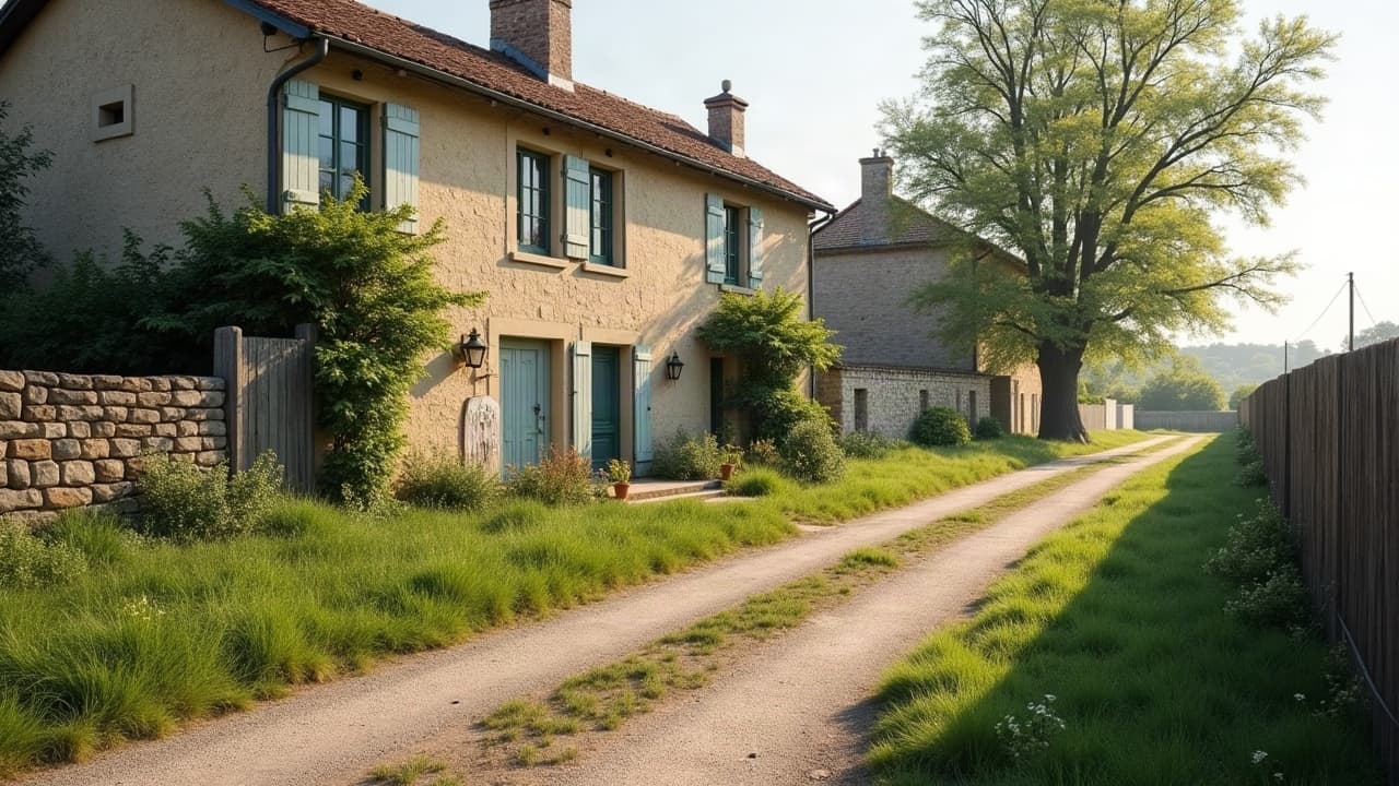 Ferme en pierre et jardin potager le long d'un chemin de campagne à Laizé