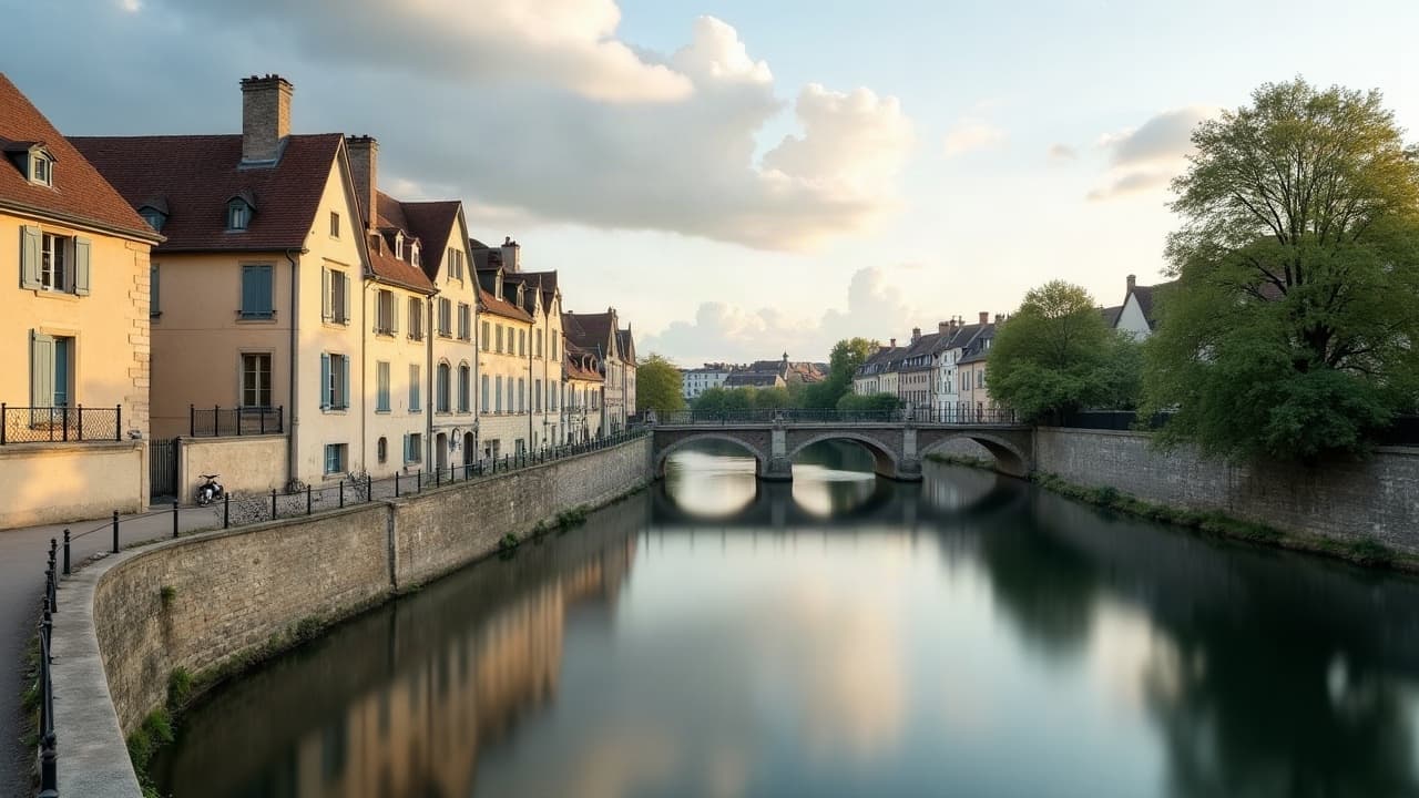 Quai bas en bord de Saône à Mâcon, maisons de ville en pierre claire et pont en arc sous ciel clair