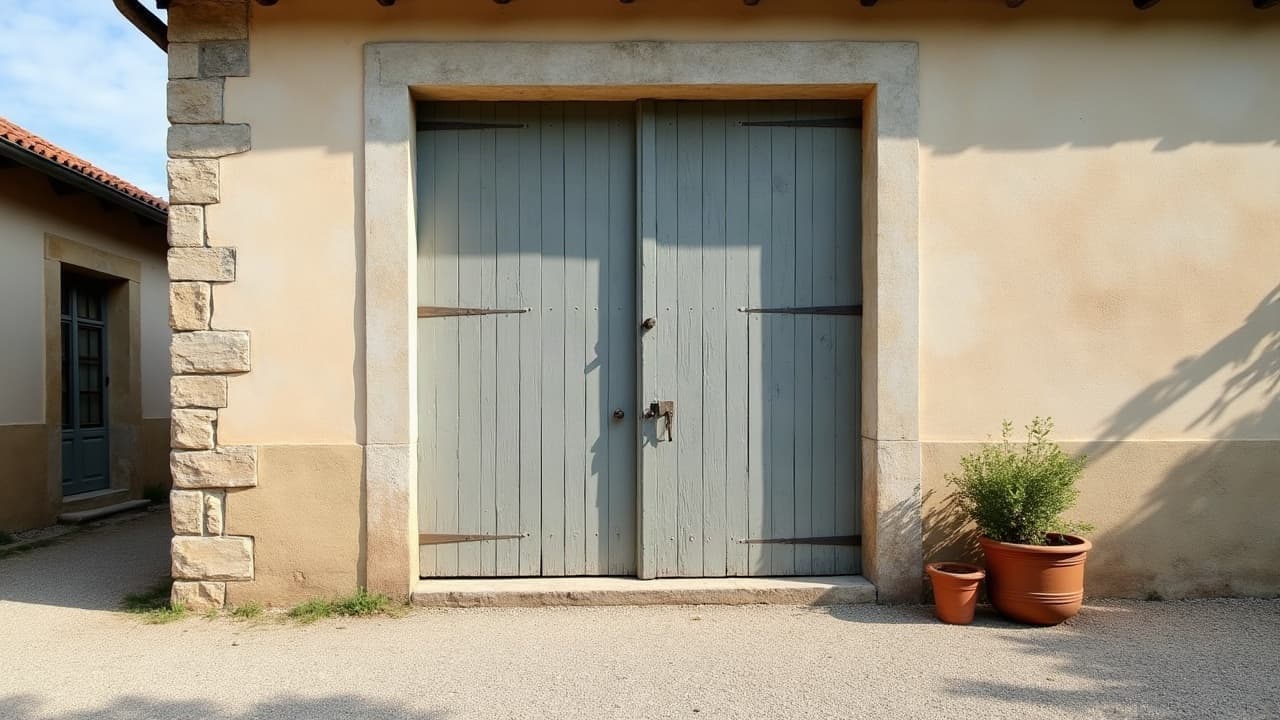 Portail de bois d'un bâtiment viticole en pierre à Prissé, cour en gravier