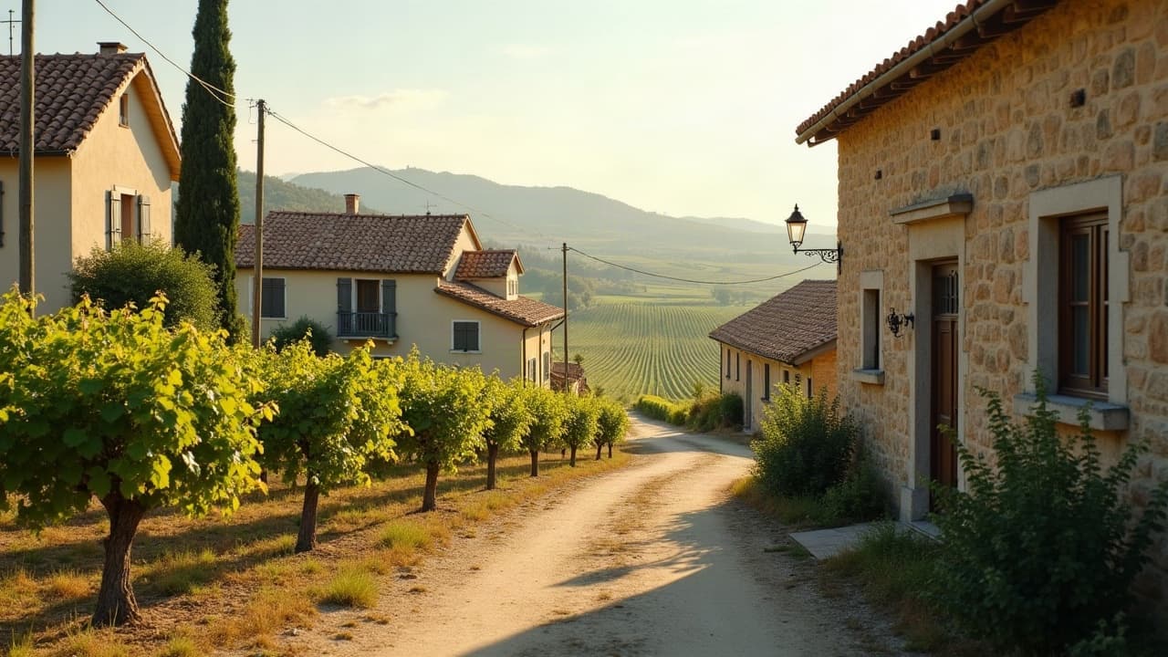 Plaine viticole et toits du village de Prissé à l'horizon