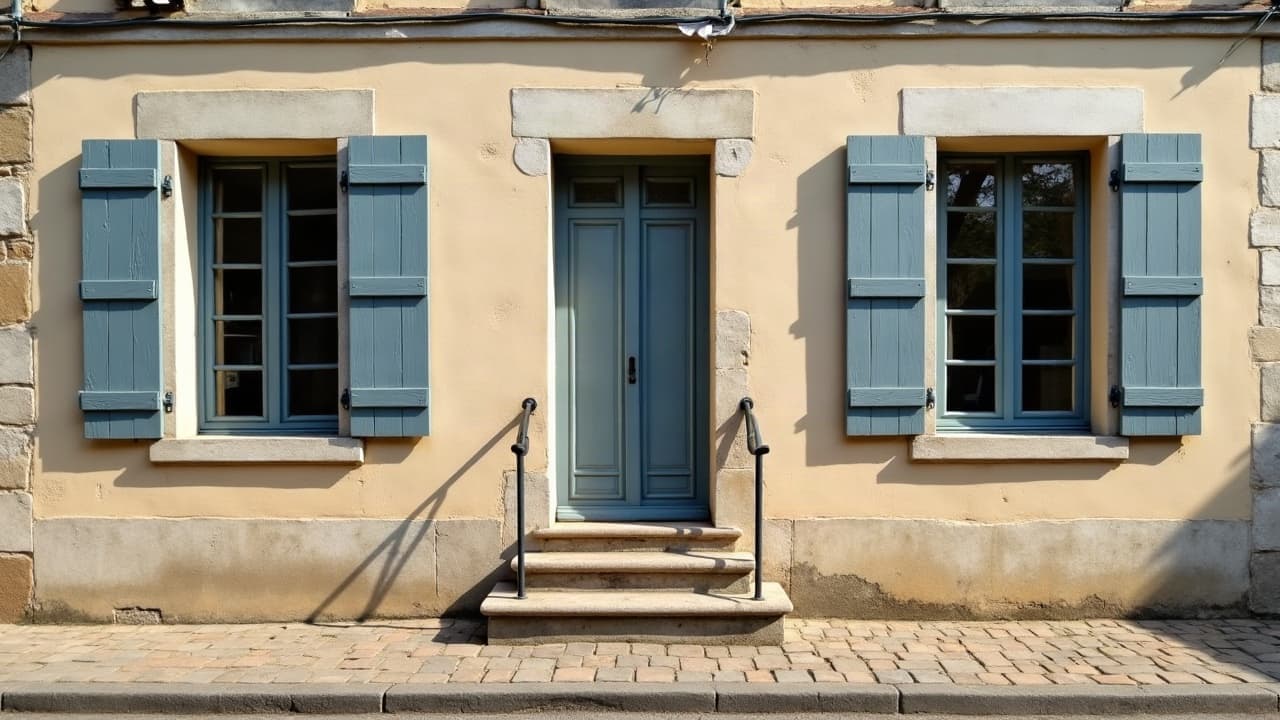 Façade de maison en pierre avec porte et escalier à Romanèche-Thorins
