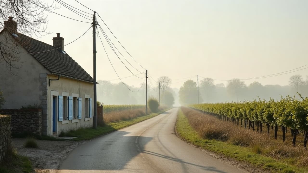 Route de campagne et ancien passage à niveau près de Romanèche-Thorins