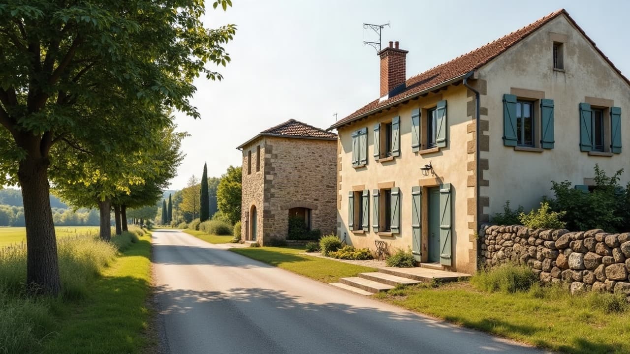 Ferme et dépendance en pierre entourées de champs à Saint-Martin-Belle-Roche