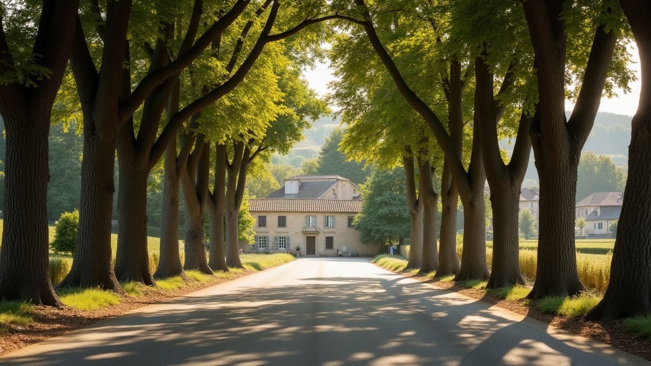 Route de campagne bordée de platanes menant au bourg de Varennes-le-Grand