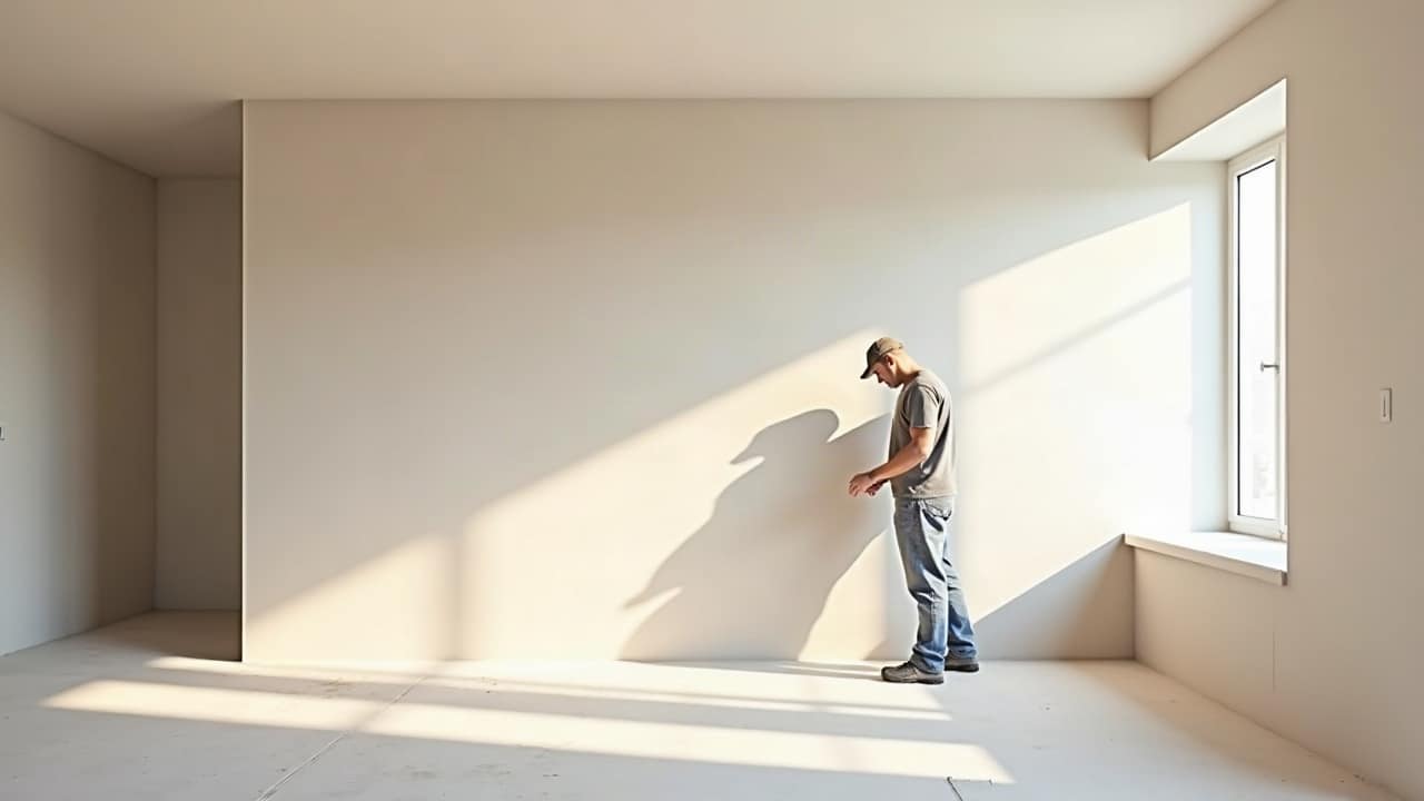 Ponçage manuel d'une couche d'enduit séchée sur un mur, poussière fine visible autour du geste de l'artisan