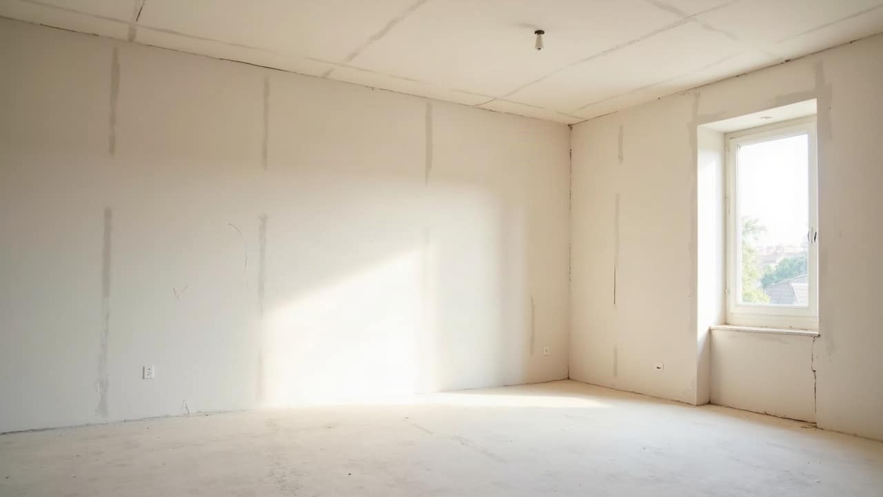 Ébrasement d'une fenêtre de toit fini en plâtre, angles nets visibles autour de l'ouverture dans un rampant de combles