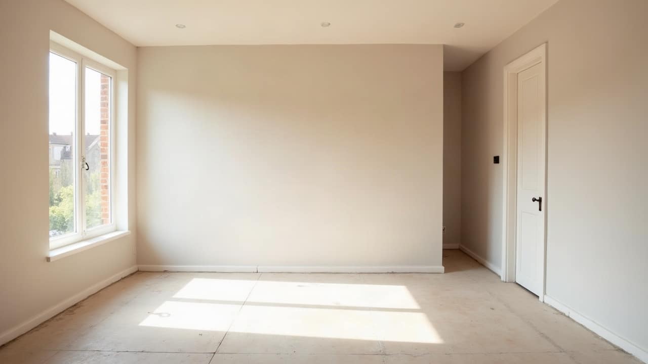 Extension de maison en cours de finition intérieure, cloison de séparation montée entre deux pièces distinctes