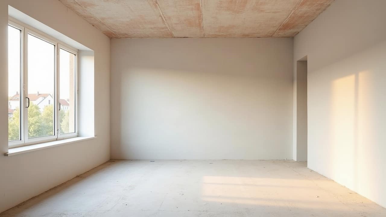 Plafond en cours de reprise dans un appartement ancien, ossature suspendue installée sous le plancher d'origine irrégulier